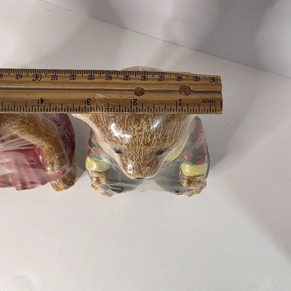 Teddy Bear Couple Figural Candles Set Plaid Pink Dress Cottagecore Decor